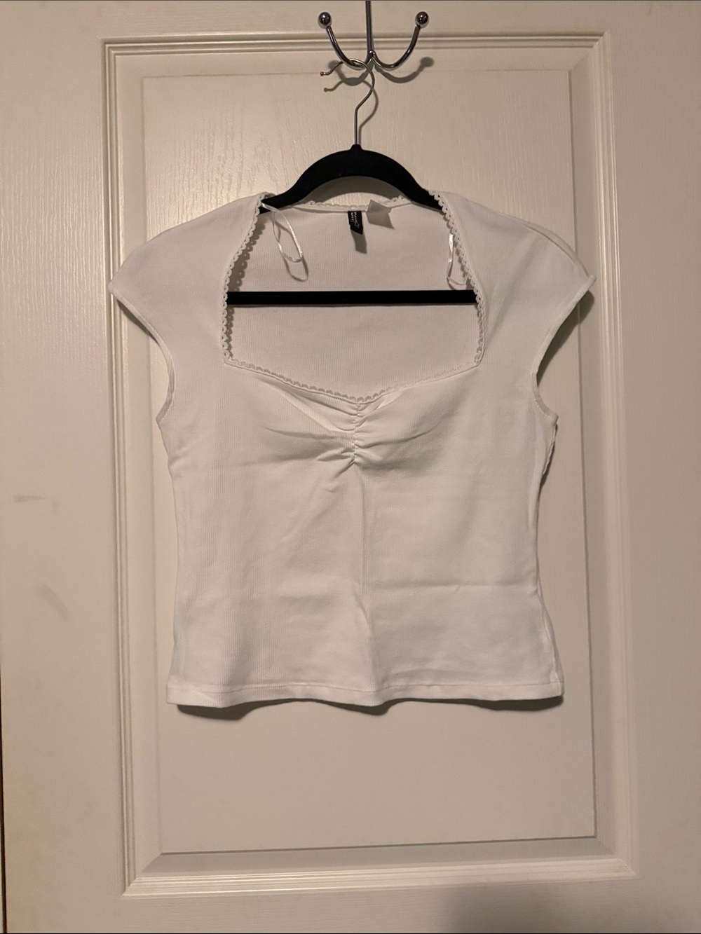 Divided White Square Neck Cap Sleeve Ribbed Camisole